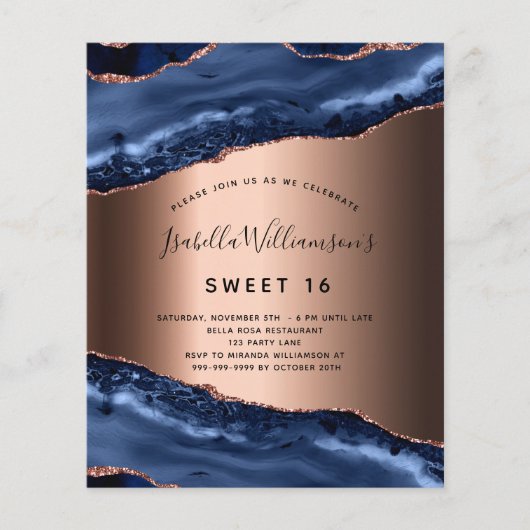 Budget Sweet 16 Blue agate roos Gold-uitnodiging (Voorkant)