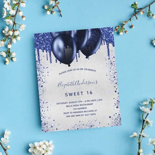 Budget Sweet 16 Blue Silver-uitnodiging voor de ma