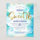 Budget Sweet 16 Blue Waterverf Gold Script Invite (Voorkant)