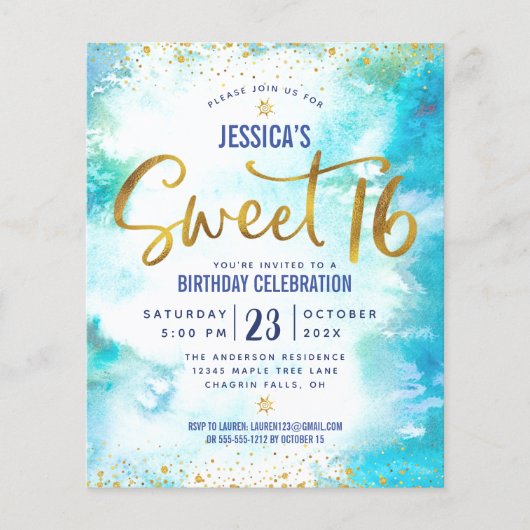 Budget Sweet 16 Blue Waterverf Gold Script Invite (Voorkant)