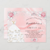 Budget Sweet 16 blush roze jurk tiara-uitnodiging (Voorkant / Achterkant)