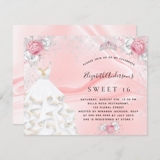 Budget Sweet 16 blush roze jurk tiara-uitnodiging (Voorkant / Achterkant)