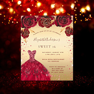 Budget Sweet 16 gouden rode glitter jurk uitnodigi