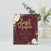 Budget Sweet 16 Invitation Gold Burgundy Floral (Staand voorkant)