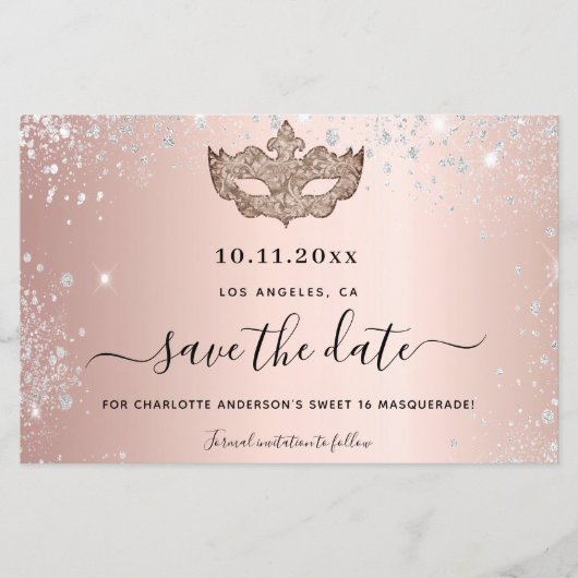 Budget Sweet 16 masquerade roos gold save the date (Voorkant)