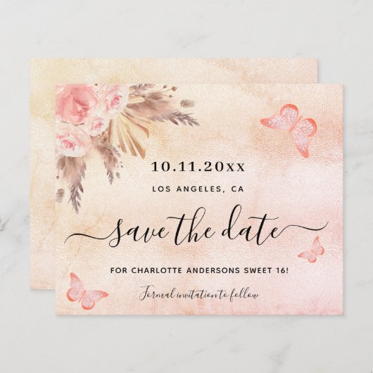 Budget Sweet 16 pampas blush behalve de datum (Voorkant / Achterkant)