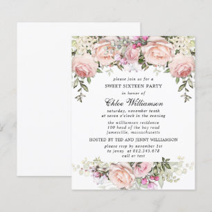 Budget Sweet 16 Party Blush Pink Floral Invitation