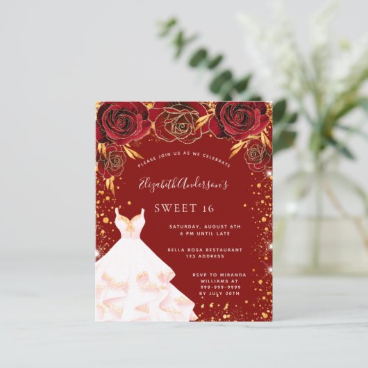 Budget Sweet 16 rood gouden witte jurk uitnodiging (Staand voorkant)