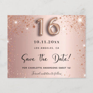 Budget sweet 16 roze gouden glitters save the date