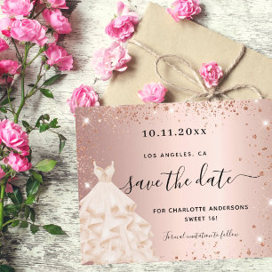 Budget Sweet 16 roze gouden jurk save the date