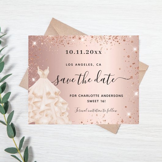 Budget Sweet 16 roze gouden jurk save the date