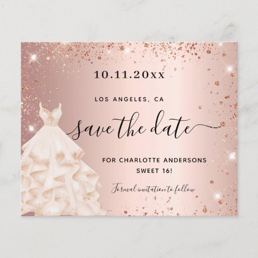 Budget Sweet 16 roze gouden jurk save the date (Voorkant)