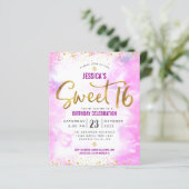 Budget Sweet 16 Roze Waterverf Gold Script Invite (Staand voorkant)