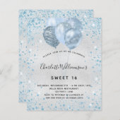 Budget Sweet 16 Silver Blue Glitter-uitnodiging (Voorkant / Achterkant)