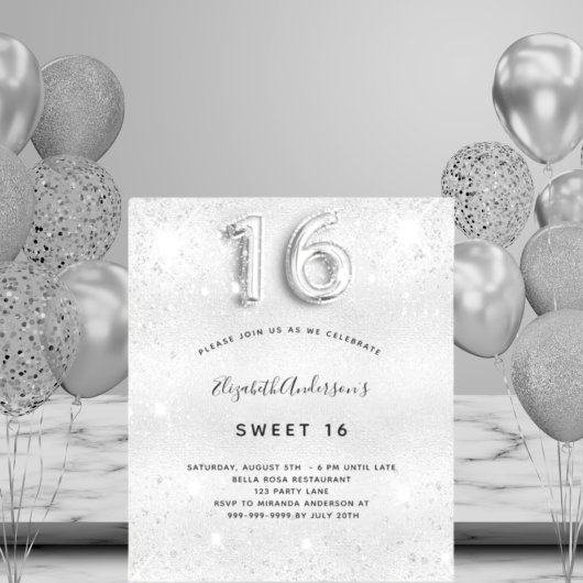Budget Sweet 16 Silver metal-glitter-uitnodiging