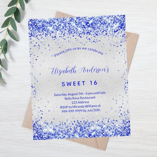 Budget Sweet 16 Silver Royal Blue-uitnodiging