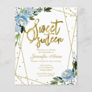 Budget Sweet 16 Uitnodiging Goud Stof Blauw Bloemm