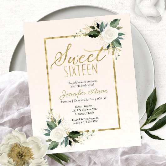 Budget Sweet 16 Uitnodiging White Blush Floral