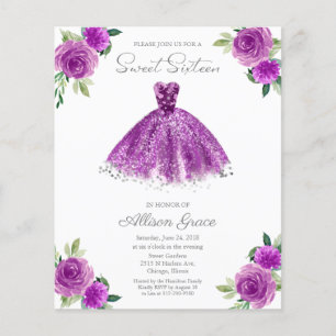 Budget Sweet 16 Uitnodiging Zilver Paarse Gown