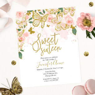 Budget Sweet 16 Vlinder Uitnodiging Roze Bloemen