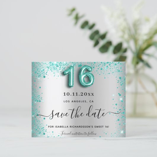 Budget Sweet 16 zilver teal glitters 'save the dat (Staand voorkant)