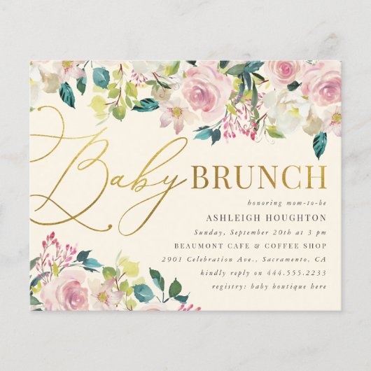 Budget Sweet Floral Gold Script Baby Brunch (Voorkant)