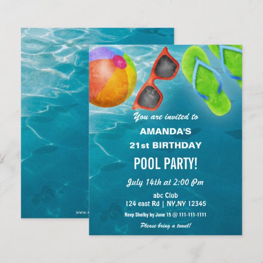 Budget Swimming Pool Party Birthday Invitation (Voorkant / Achterkant)