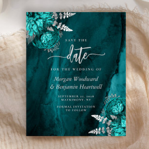 Budget Teal Argent Floral Mariage Carte de Préavis