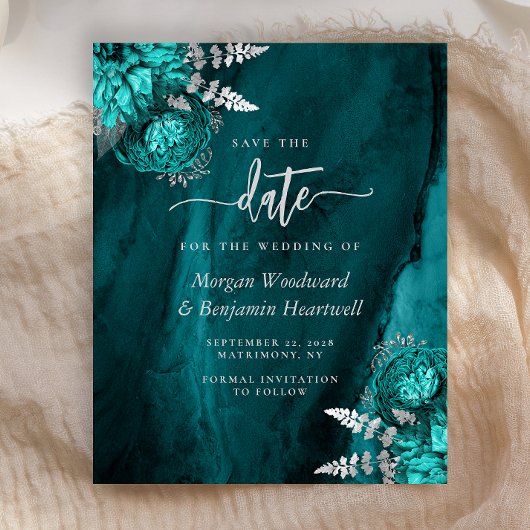 Budget Teal Argent Floral Mariage Carte de Préavis