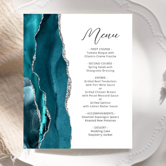 Budget Teal Blauw Zilveren Agate Script Trouwmenu