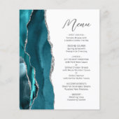 Budget Teal Blauw Zilveren Agate Script Trouwmenu (Voorkant)