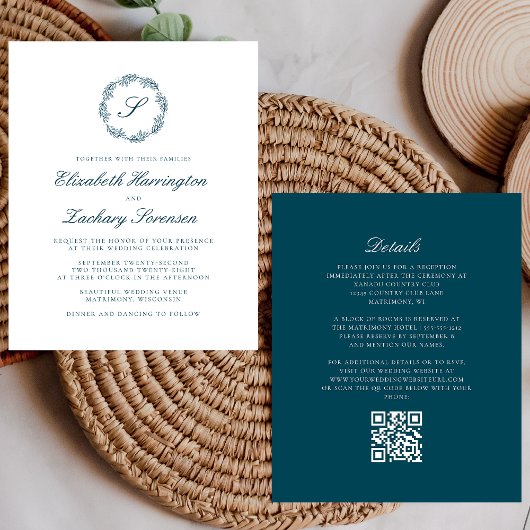 Budget Teal Blauwe Monogram Krans QR Code Huwelijk