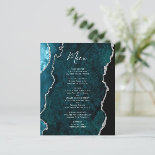 Budget Teal Blue Silver Agate Wedding Menu (Debout devant)