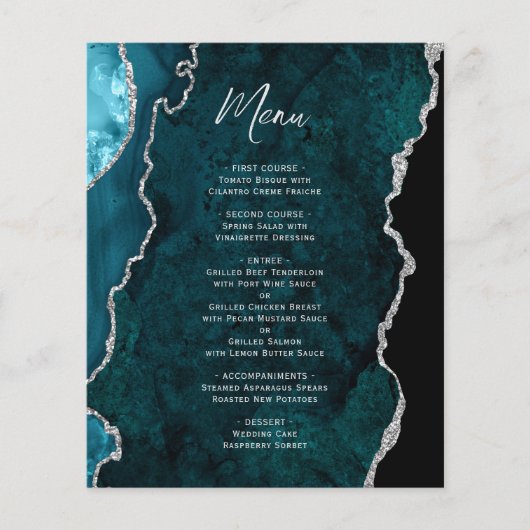 Budget Teal Blue Silver Agate Wedding Menu (Devant)