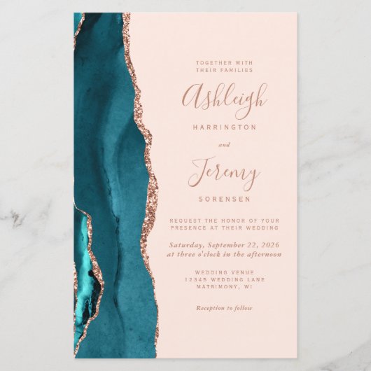 Budget Teal Rose Gold Blush QR Code Wedding Invite (Voorkant)