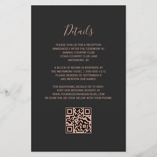 Budget Teal Rose Gold Dark QR Code Wedding Invite (Achterkant)