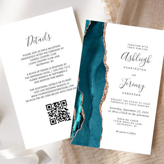 Budget Teal Rose Gold QR Code Wedding Invitation