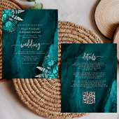 Budget Teal Silver Floral QR Code Wedding Invite