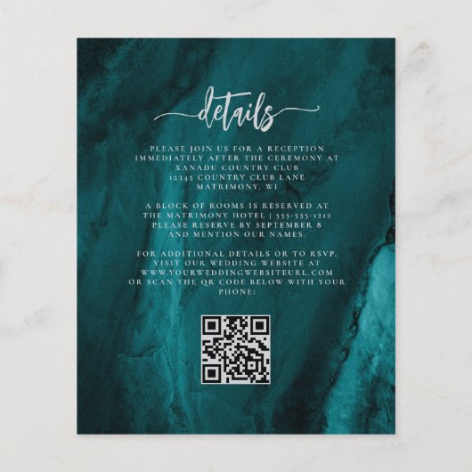 Budget Teal Silver Floral QR Code Wedding Invite (Achterkant)