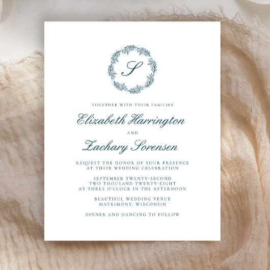 Budget Tealblauwe Monogram Krans Script Bruiloft