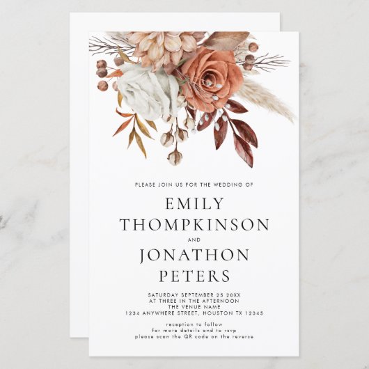 Budget Terracotta Florals Code Wedding Invite (Voorkant / Achterkant)