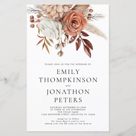 Budget Terracotta Florals Code Wedding Invite (Voorkant)