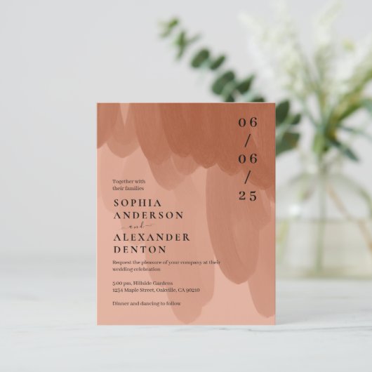 Budget terracotta Foto QR Website bruiloft uitnodi (Staand voorkant)