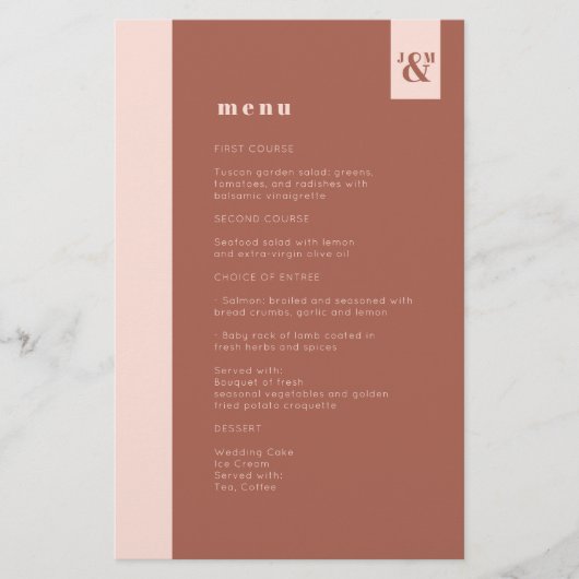 Budget Terracotta Modern Monogram Weddenschap Menu (Voorkant)