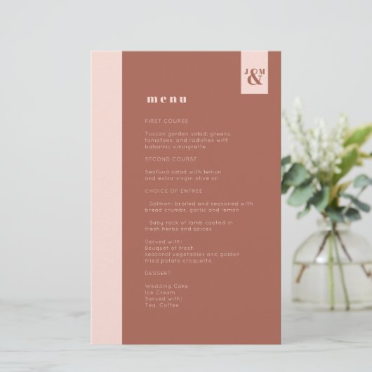 Budget Terracotta Modern Monogram Weddenschap Menu (Staand voorkant)