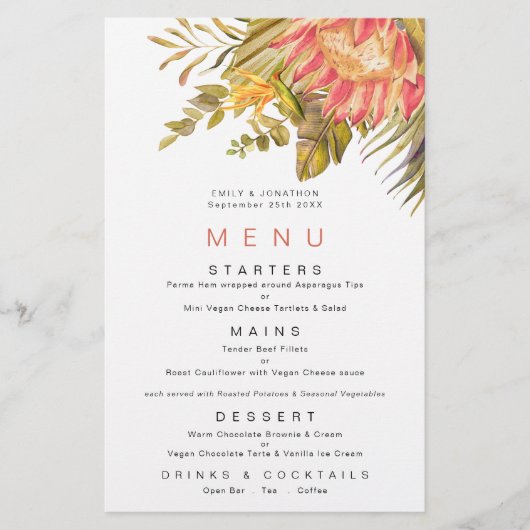 Budget Tropical Foliage Coral Menu Mariage (Devant)