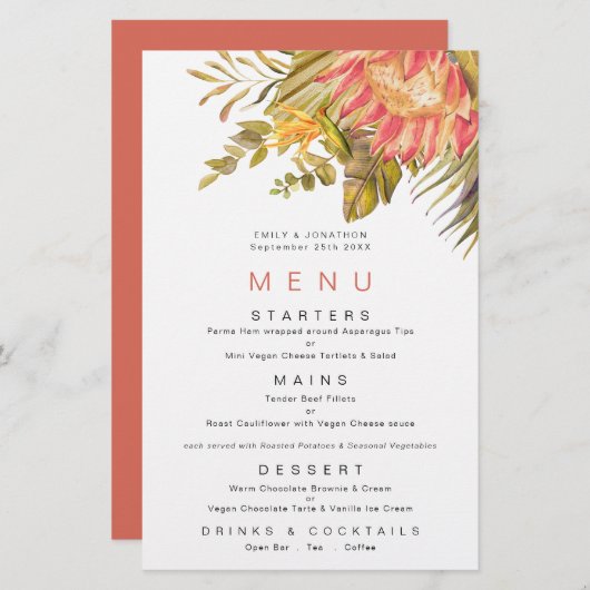 Budget Tropical Foliage Coral Menu Mariage (Devant / Derrière)