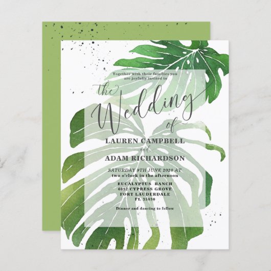 Budget Tropical Foliage Green Wedding Invitation (Voorkant / Achterkant)