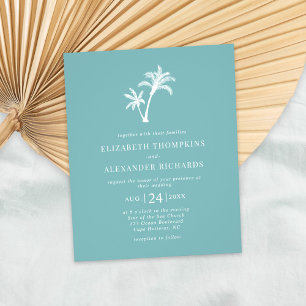 Budget Tropical Palm Zee Glass Blue Wedding Invite Flyer