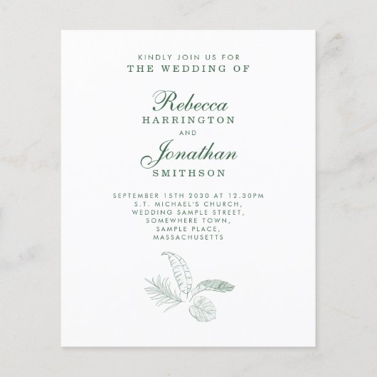 Budget Tropisch Leaf Green Paper Wedding Invite (Voorkant)